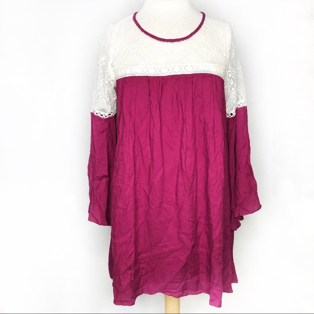 Umgee Boho Lace Tunic Top Bell Sleeve Burgundy Cream NWT S